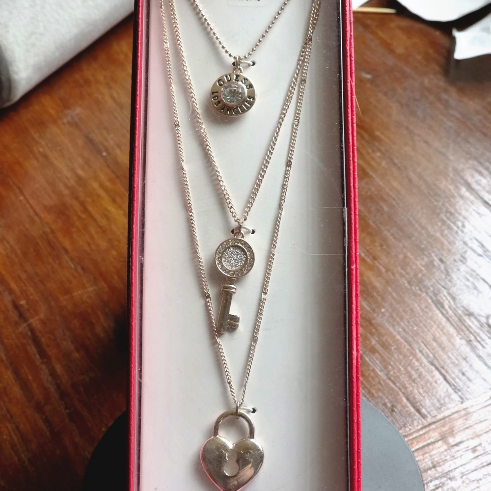 Guess Silver Necklace Set with Key and Heart Pendants